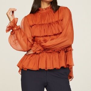 Adam Lippes Orange Ruffled Tiered Blouse